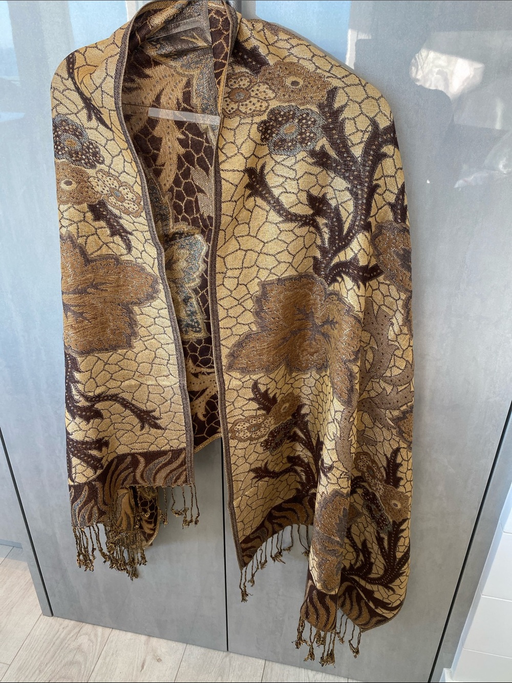 Floral Jacquard Shawl Cape Poshmina in Tan & Brown & gold